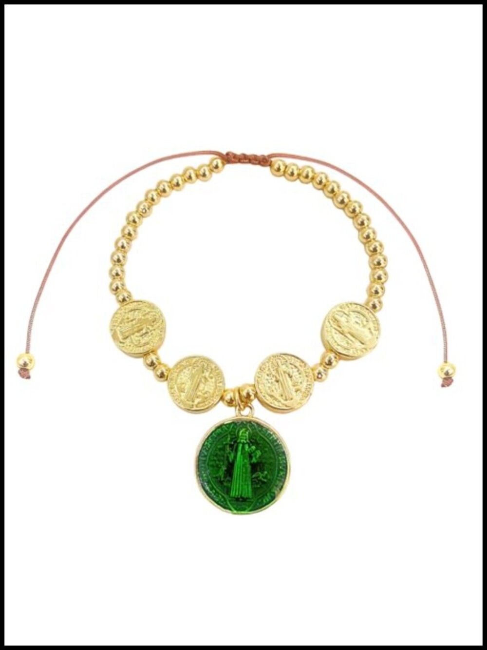 Saint Benedict Pendant Strand Bracelet Adjustable Gold Plated Religious
